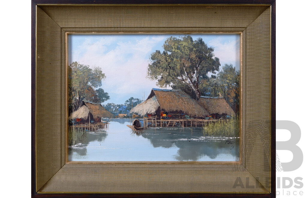 Pong (Thai School, Working c1970s), Thai Houses By The River, Vintage Oil on Canvas, 44 x 54 cm (frame)