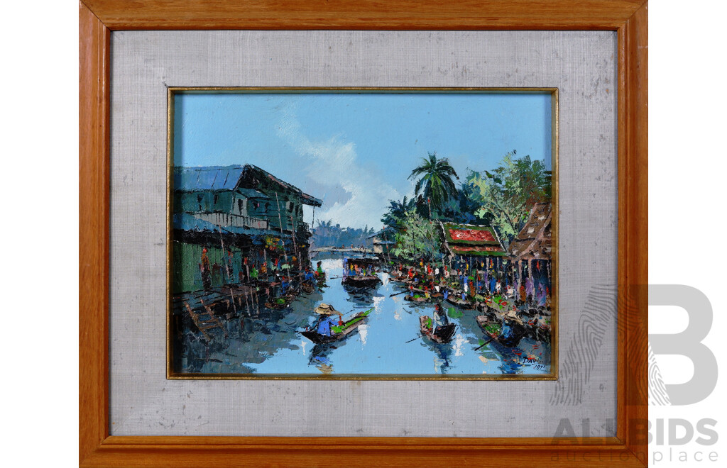 Davi (Thai School, Working C1970s), Busy Village Life by the Water, Acrylic on Canvas, 49 X 59 Cm (frame)