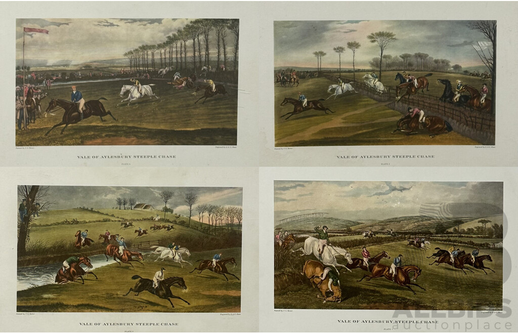 After Francis Calcraft Turner (English, 1782?-1865), Vale of Aylesbury Steeple Chase, Engravings by G & C Hunt, Four English Hunting Prints, Plates 1, 2, 3 and 4, 22 x 37 cm (images) (4)