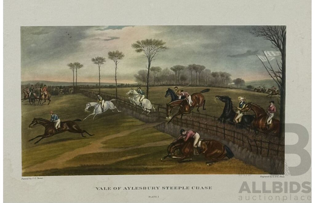 After Francis Calcraft Turner (English, 1782?-1865), Vale of Aylesbury Steeple Chase, Engravings by G & C Hunt, Four English Hunting Prints, Plates 1, 2, 3 and 4, 22 x 37 cm (images) (4)