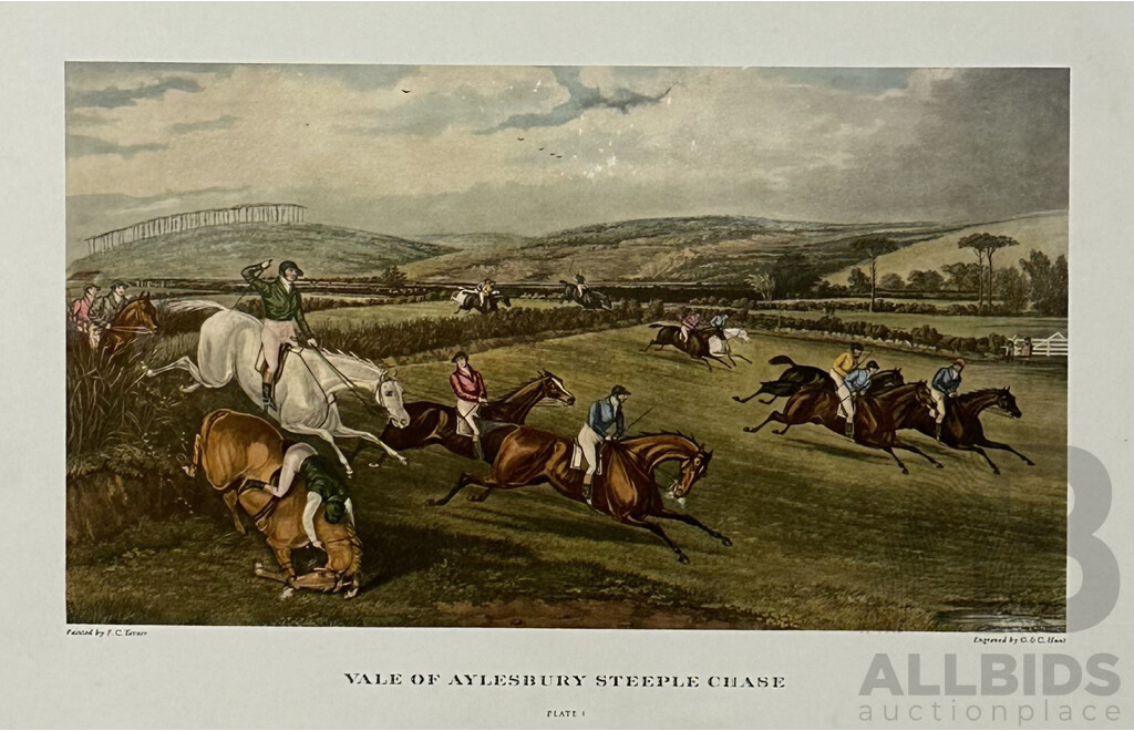 After Francis Calcraft Turner (English, 1782?-1865), Vale of Aylesbury Steeple Chase, Engravings by G & C Hunt, Four English Hunting Prints, Plates 1, 2, 3 and 4, 22 x 37 cm (images) (4)