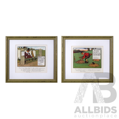 Charles Exeter Devereux Crombie, (Scottish, 1887-1967), The Rules of Golf, Rule I and Rule XVIII, Pair of Lithographs Printed by Litho-Offset, Originally Published in 1905 by Perrier, 37 ^x 41 ^cm (frames) (2)