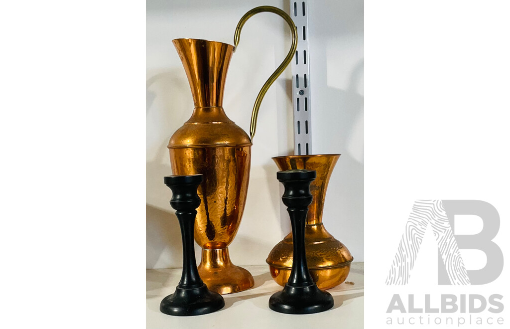 Pair of Vintage Copper Vases and Vintage Ebony Wooden Candleholders From Gabon Africa