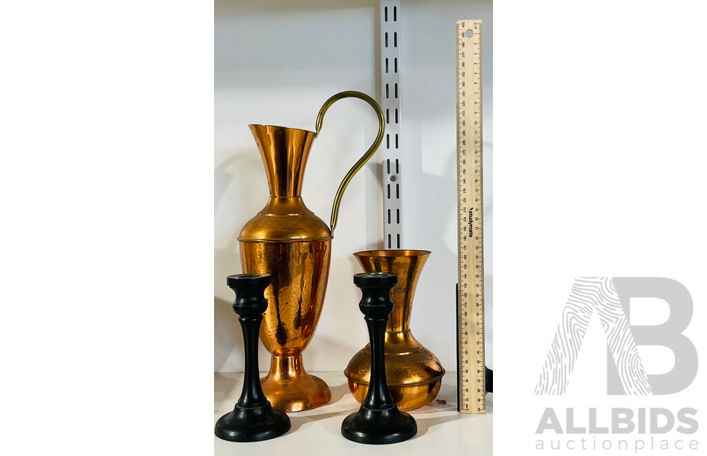 Pair of Vintage Copper Vases and Vintage Ebony Wooden Candleholders From Gabon Africa