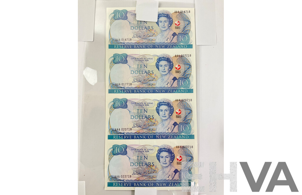 New Zealand 1990 Commemorative Uncut Ten Dollar Four Note Sheet