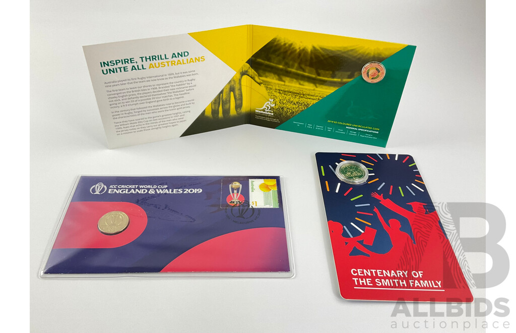 Australian Commemorative Coins Including 2022 One Dollar Smith Family, 2019 Wallabies and 2019 Cricket World Cup, England & Wales PNC