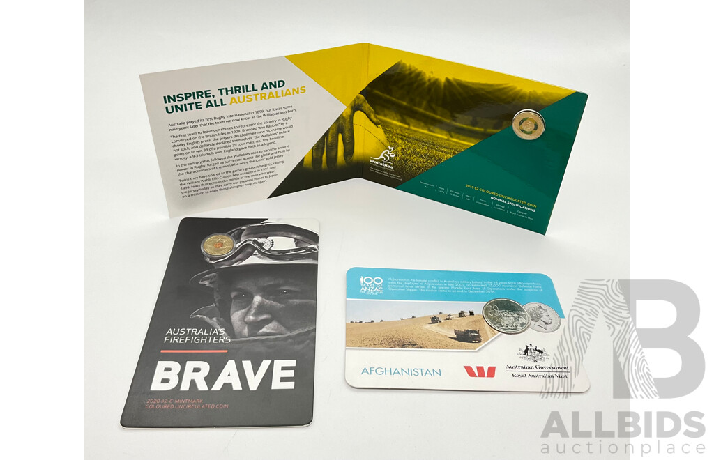 Australian RAM Commemorative Coins Including 2020 Two Dollar, Firefighters-Brave, 2019 Wallabies, One Dollar 2022 Wallal Centenary, Twenty Cent 2016 Afghanistan