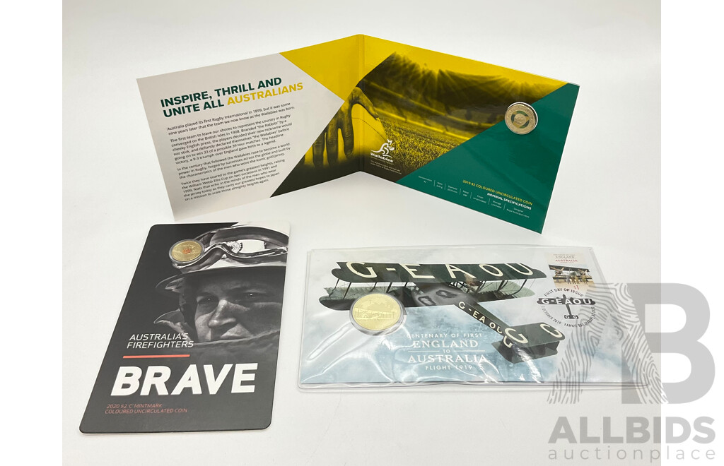 Australian RAM Commemorative Two Dollar Coins Including 2020 Firefighters Mint Mark Brave, 2019 Wallabies and 2019 Centenary England Australia First Flight One Dollar PNC