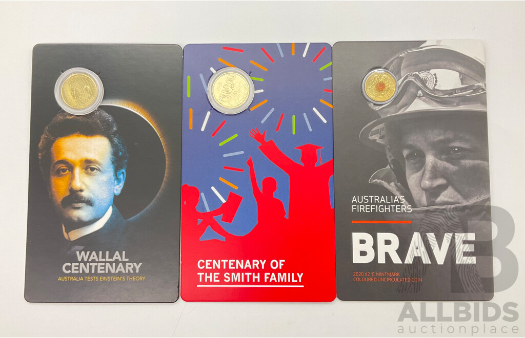 Three Australian RAM Commemorative Coins Including 2020 Two Dollar Firefighters Brave C Mint Mark, 2022 One Dollar Smith Family Centenary and 2022 Wallal Centenary