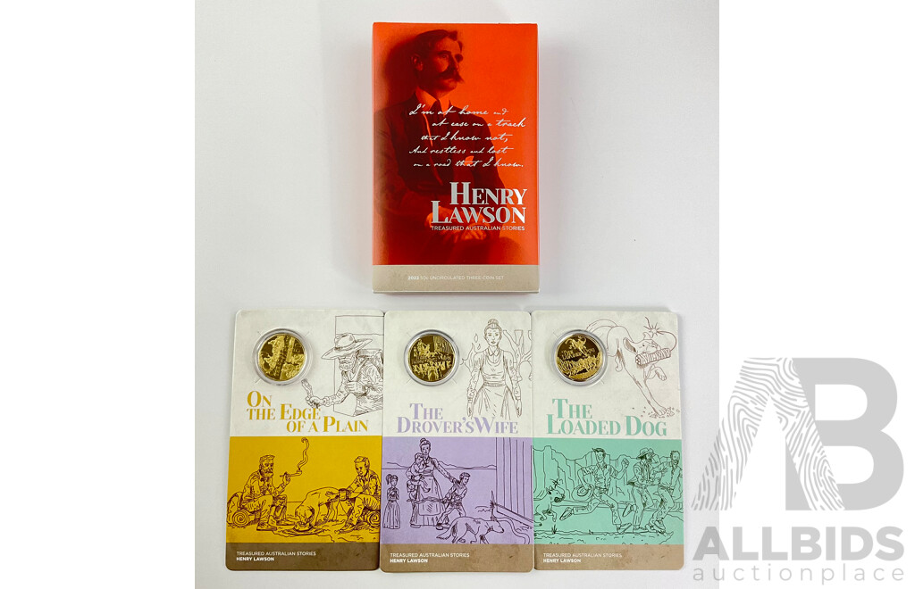 Australian 2022 Commemorative Fifty Cent Coin Set, Henry Lawson Treasured Australian Stories, on the Edge of a Plain, Drover's Wife, Loaded Dog