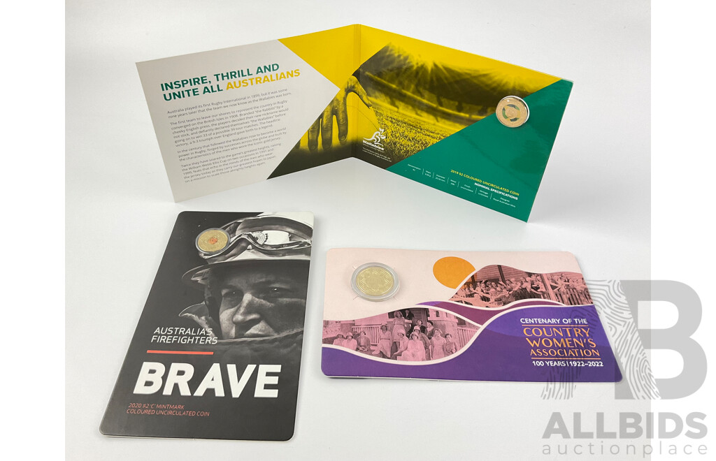 Australian Commemorative Coins Including Two Dollars, 2020 Firefighters and 2019 Wallabies, One Dollar 2022 Country Women's Association