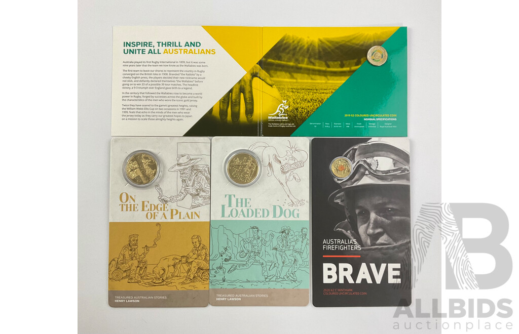 Australian RAM Commemorative Coins Including 2022 Fifty Cents Henry Lawson Loaded Dog and on the Edge of a Plain, 2019 Two Dollars Wallabies, 2020 Two Dollars Firefighters