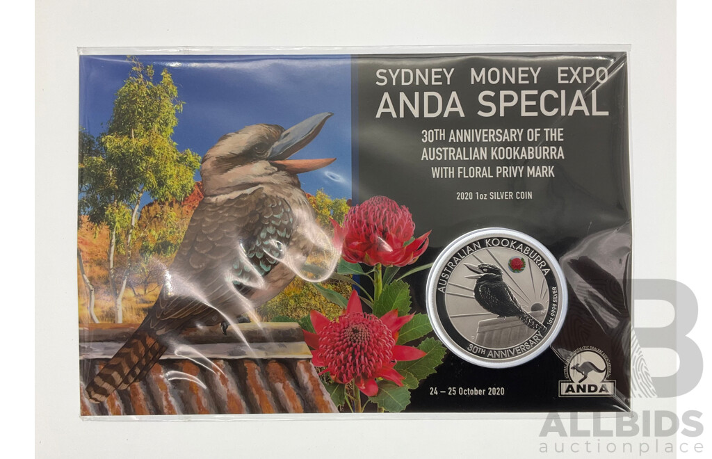 Australian Perth Mint ANDA 2020 Silver One Dollar Coin, Australian Kookaburra 30th Anniversary .999