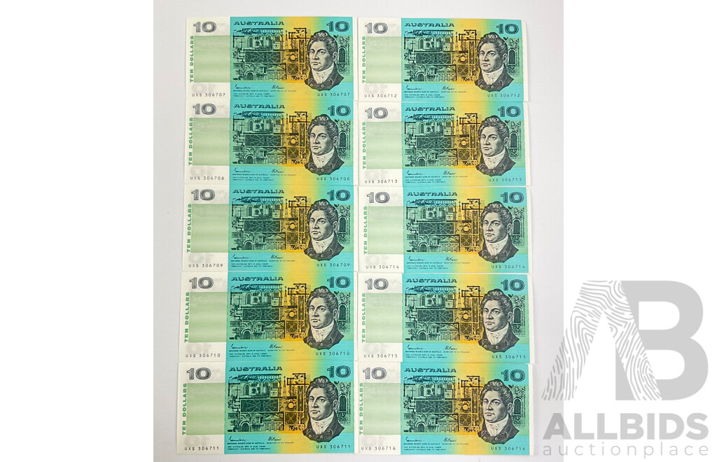 Australian 1985 Ten Dollar Notes R309, Johnston/Fraser Consecutive UXS 306707 - UXS 306716