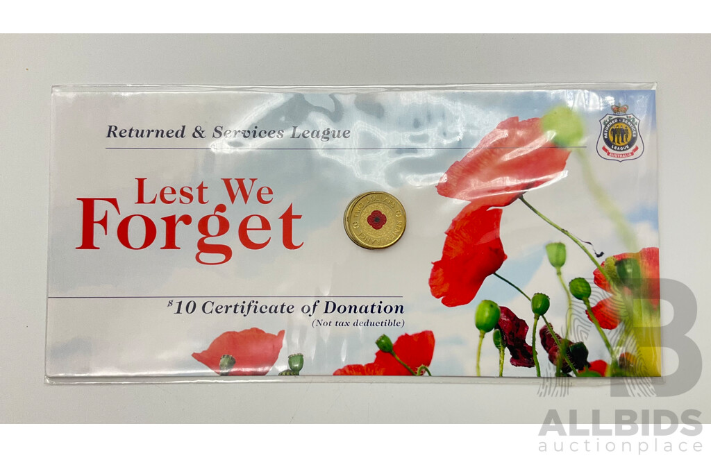 Australian 2012 Commemorative UNC Two Dollar Coin, Remembrance Red Poppy on RSL Card