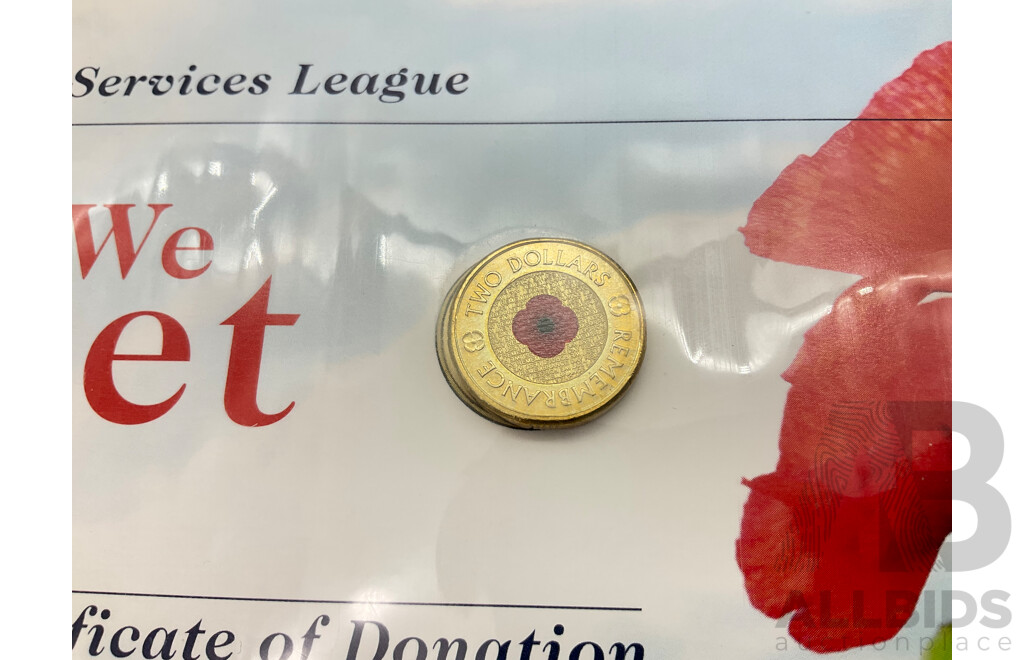 Australian 2012 Commemorative UNC Two Dollar Coin, Remembrance Red Poppy on RSL Card