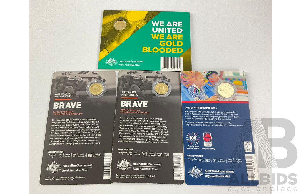 Australian Commemorative UNC Coins Including Two Dollars 2020 Firefighters(2), 2019 Wallabies, One Dollar 2022 Smith Family