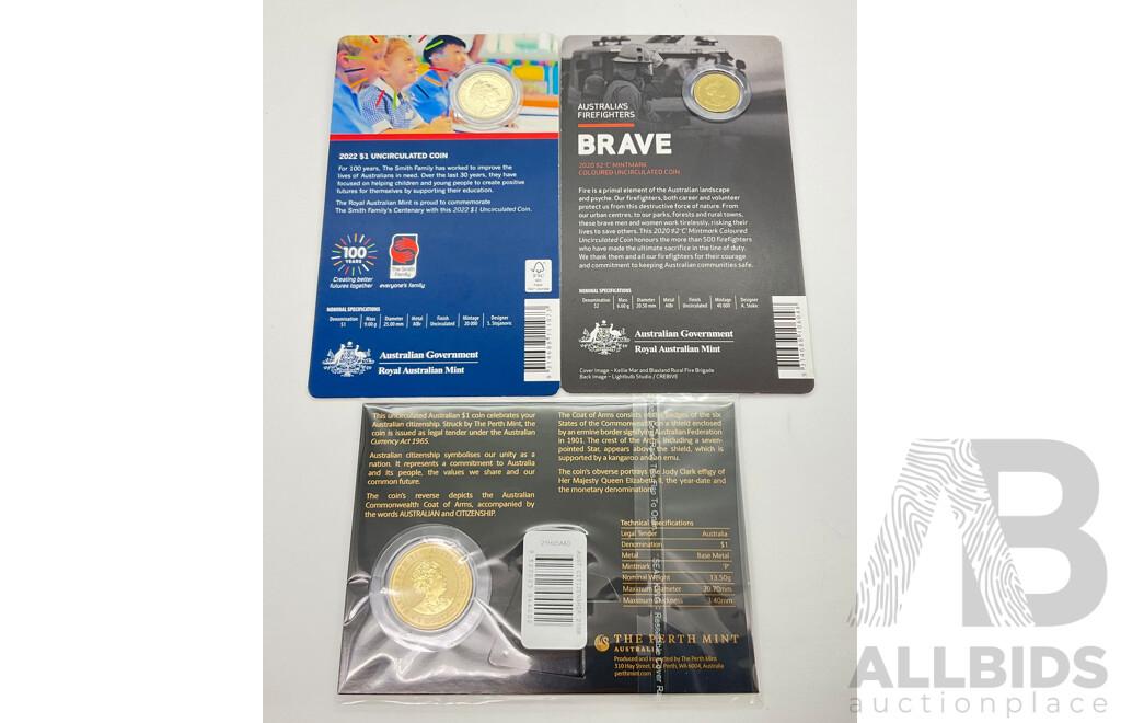 Australian Perth Mint Commemorative One Dollar Coin, Australian Citizenship, RAM Two Dollars 2020 Firefighters, One Dollar 2022 Smith Family