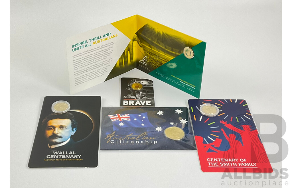 Australian Commemorative Coins Including Perth Mint 2021 One Dollar Citizenship, RAM 2022 Wallal Centenary, 2022 Smith Family - RAM Two Dollars 2020 Firefighters, 2019 Wallabies