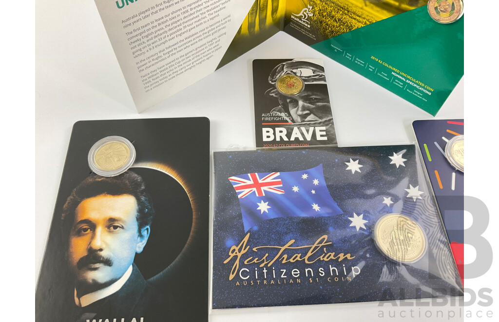 Australian Commemorative Coins Including Perth Mint 2021 One Dollar Citizenship, RAM 2022 Wallal Centenary, 2022 Smith Family - RAM Two Dollars 2020 Firefighters, 2019 Wallabies