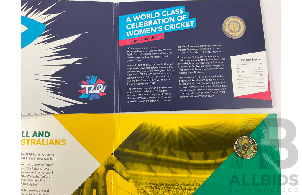 Australian RAM Commemorative Coins Including 2022 Fifty Cent Gold Plated Commonwealth Games, 2020 Two Dollar Women's T20, 2019 Two Dollar Wallabies(3)