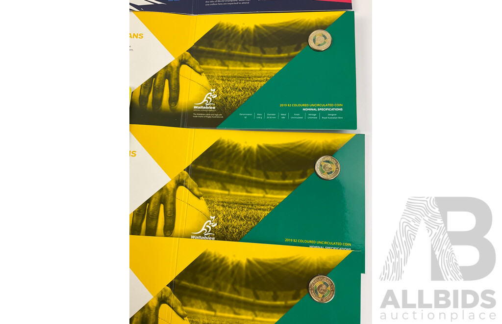 Australian RAM Commemorative Coins Including 2022 Fifty Cent Gold Plated Commonwealth Games, 2020 Two Dollar Women's T20, 2019 Two Dollar Wallabies(3)