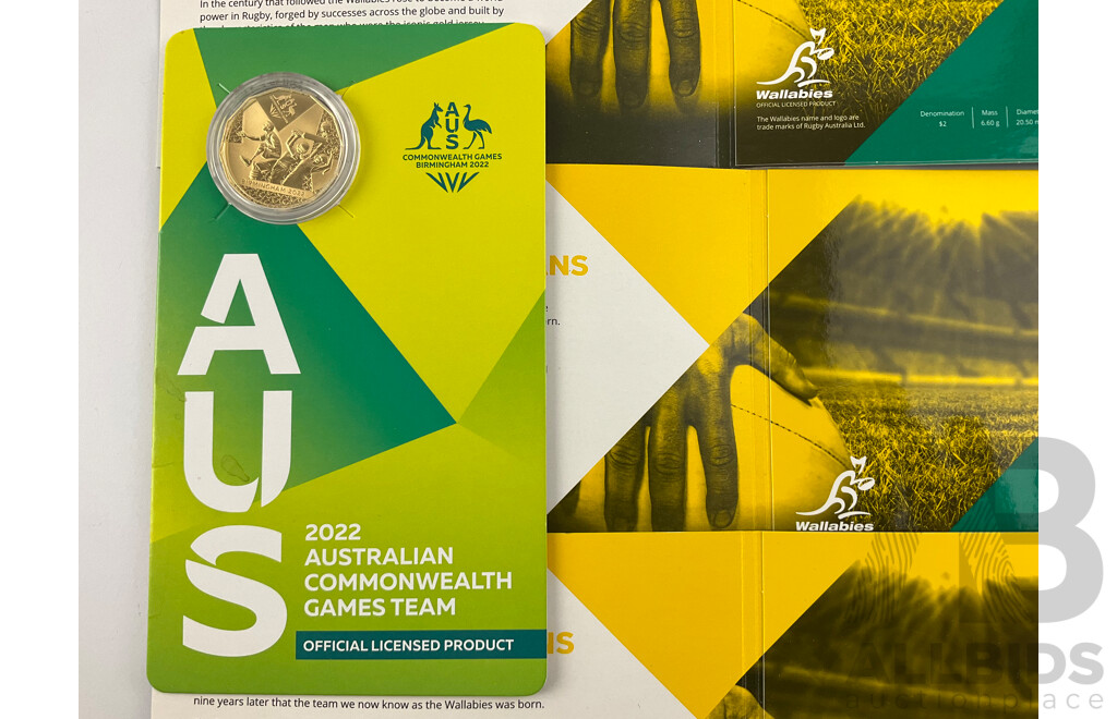 Australian RAM Commemorative Coins Including 2022 Fifty Cent Gold Plated Commonwealth Games, 2020 Two Dollar Women's T20, 2019 Two Dollar Wallabies(3)