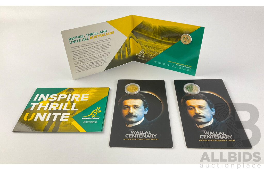 Australian Commemorative Coins Including 2022 One Dollar Wallal Centenary (2) and 2019 Two Dollar Wallabies Inspire, Thrill, Unite(2)