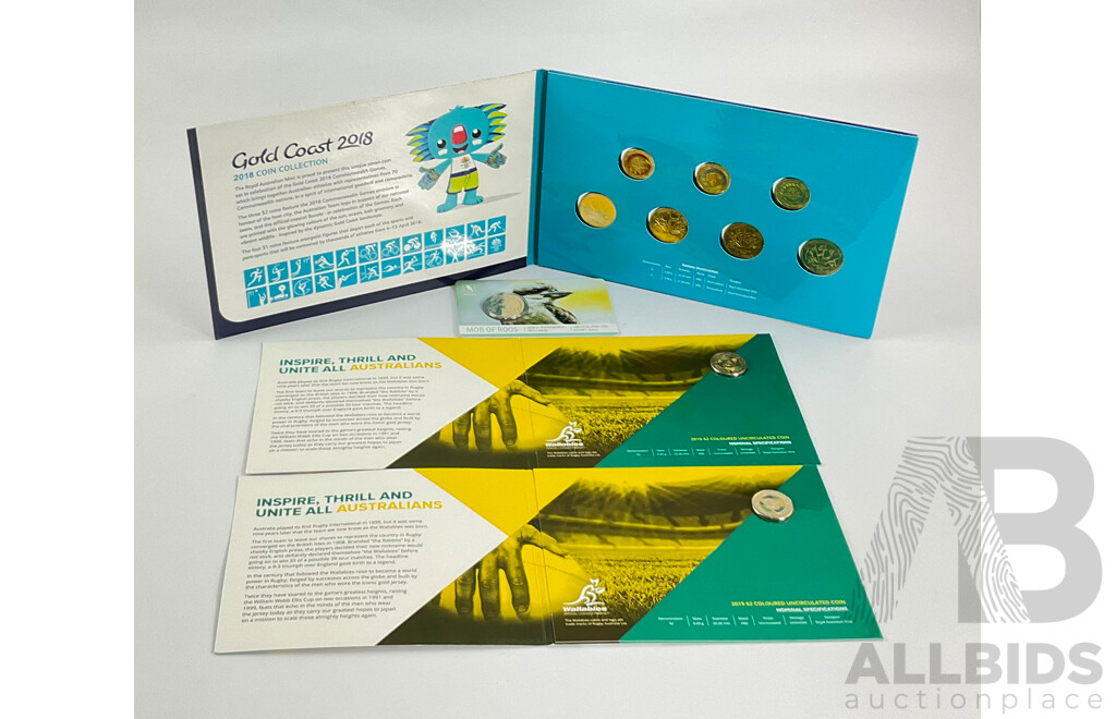 Australian RAM Commemorative Coins Including 2020 One Dollar Mob of Roos Privy Mark, 2018 Commonwealth Games Seven Coin Set and  2019 Two Dollar Wallabies(2)