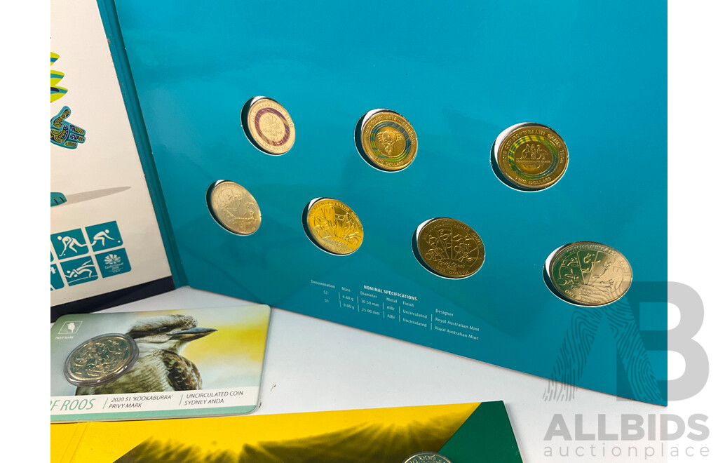 Australian RAM Commemorative Coins Including 2020 One Dollar Mob of Roos Privy Mark, 2018 Commonwealth Games Seven Coin Set and  2019 Two Dollar Wallabies(2)