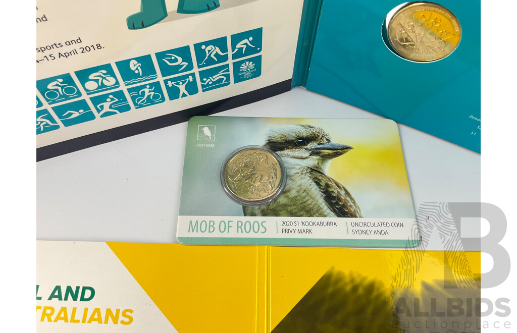 Australian RAM Commemorative Coins Including 2020 One Dollar Mob of Roos Privy Mark, 2018 Commonwealth Games Seven Coin Set and  2019 Two Dollar Wallabies(2)