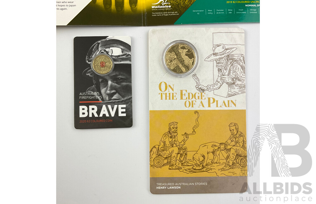 Australian RAM Commemorative Coins Including 2022 Fifty Cent Henry Lawson on the Edge of a Plain, 2020 Two Dollar Firefighters and 2019 Two Dollar Wallabies(2)