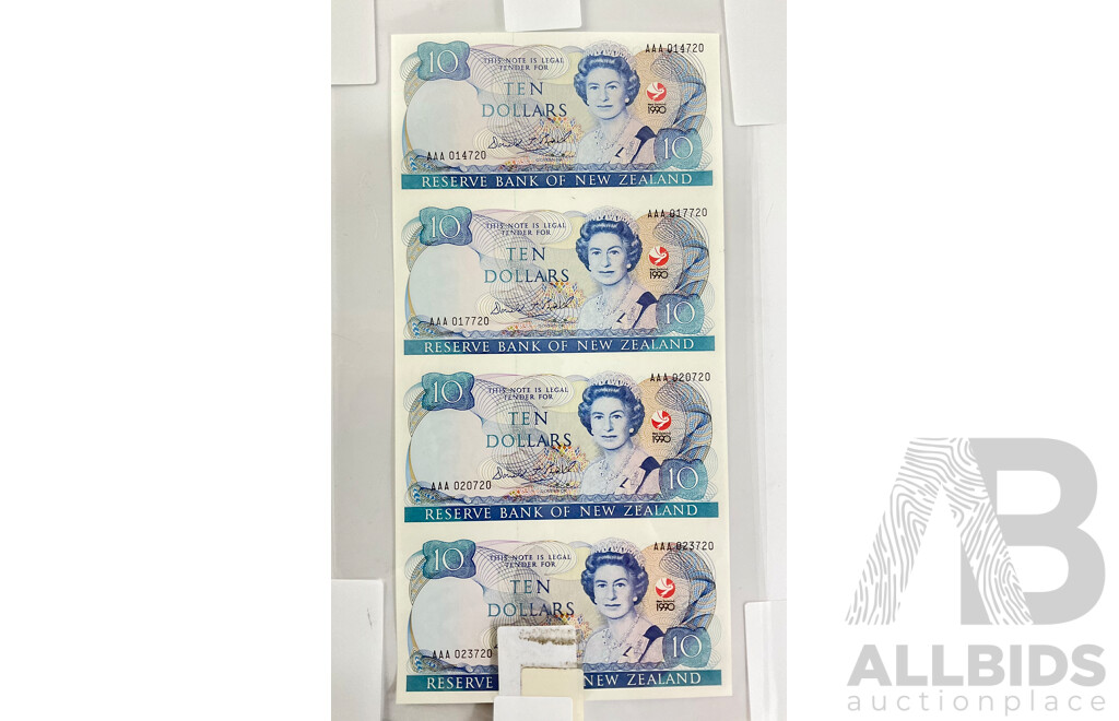 New Zealand 1990 Commemorative Uncut Ten Dollar Four Note Sheet