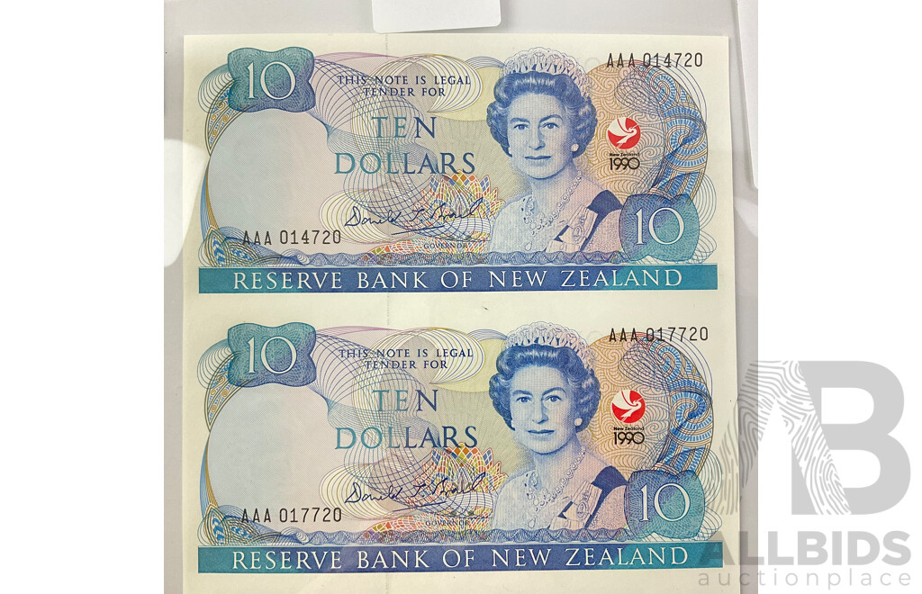 New Zealand 1990 Commemorative Uncut Ten Dollar Four Note Sheet