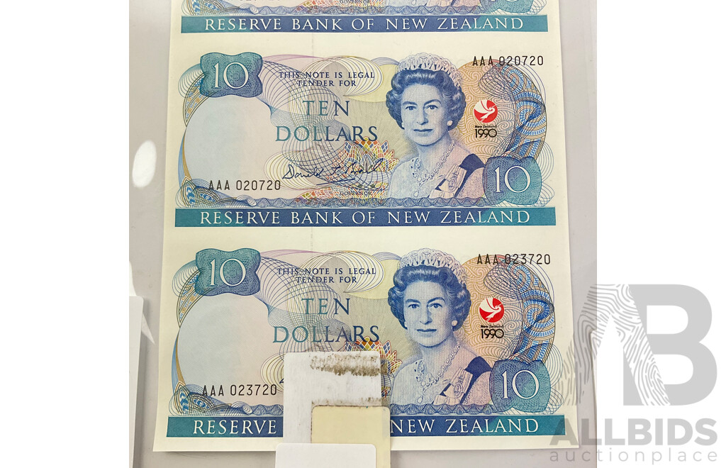 New Zealand 1990 Commemorative Uncut Ten Dollar Four Note Sheet