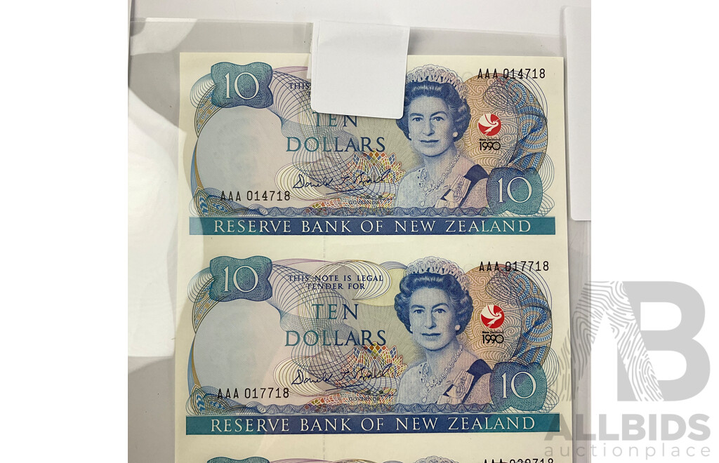 New Zealand 1990 Commemorative Uncut Ten Dollar Four Note Sheet