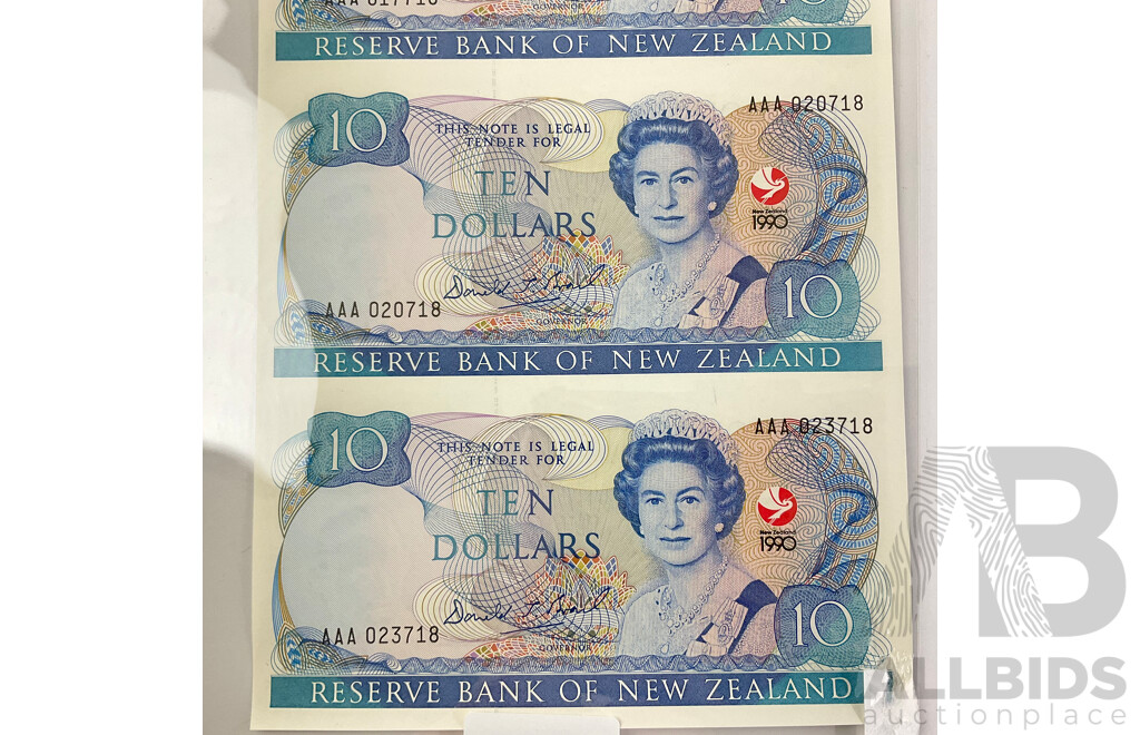 New Zealand 1990 Commemorative Uncut Ten Dollar Four Note Sheet