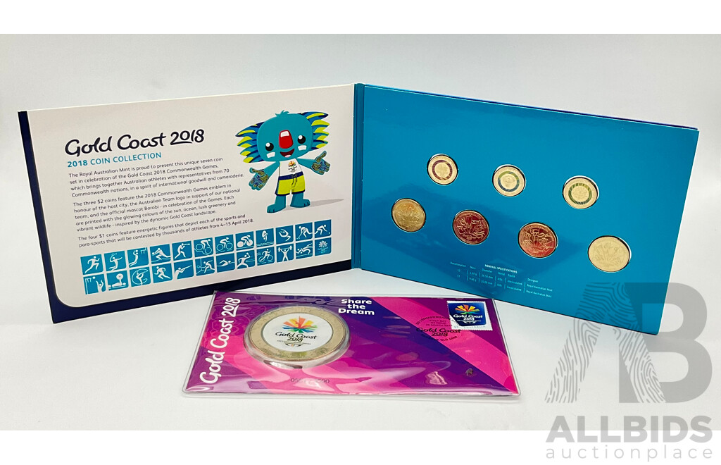 Australian 2018 Seven UNC One and Two Dollar Commonwealth Games Coin Set and 2018 Commonwealth Games PNC Medallion