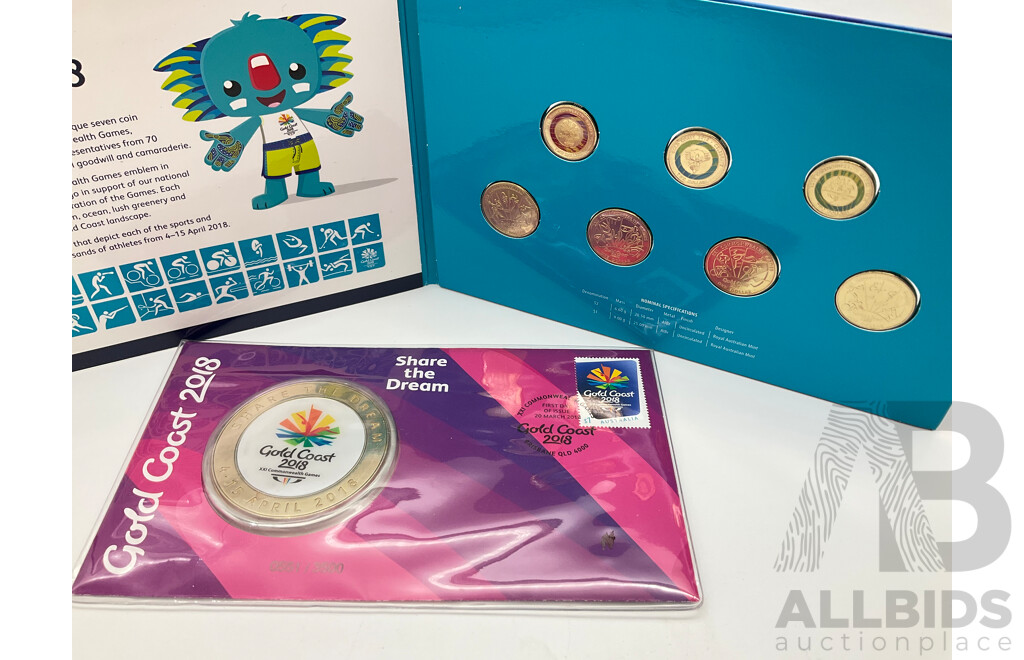 Australian 2018 Seven UNC One and Two Dollar Commonwealth Games Coin Set and 2018 Commonwealth Games PNC Medallion