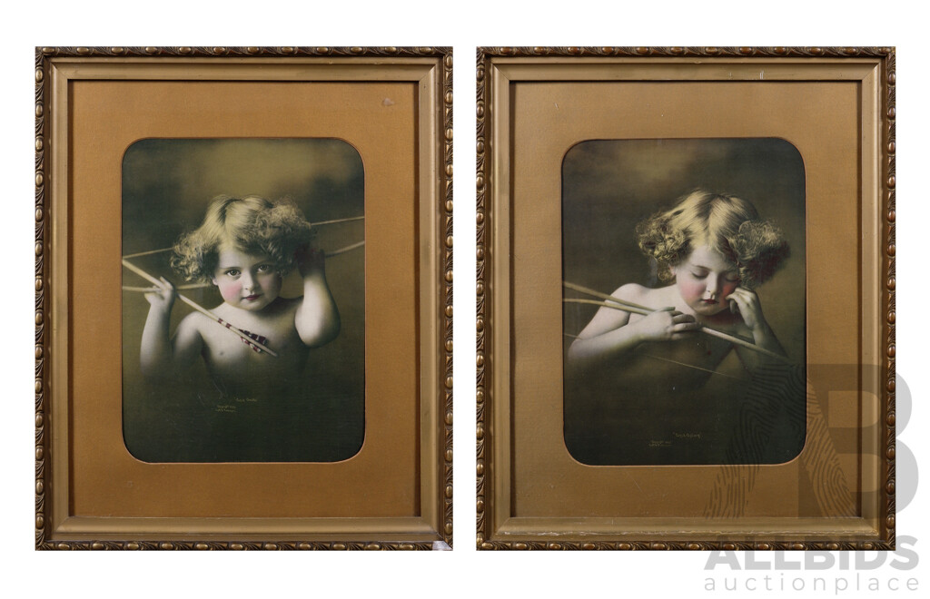 Morris Burke Parkinson, (Late 19th and Early 20th Century, American Photographer, 1847-1926), Lovely Pair of Antique Colour Prints - Cupid Asleep and Cupid Awake, 1897, 46 x 38 cm (frame) (2)