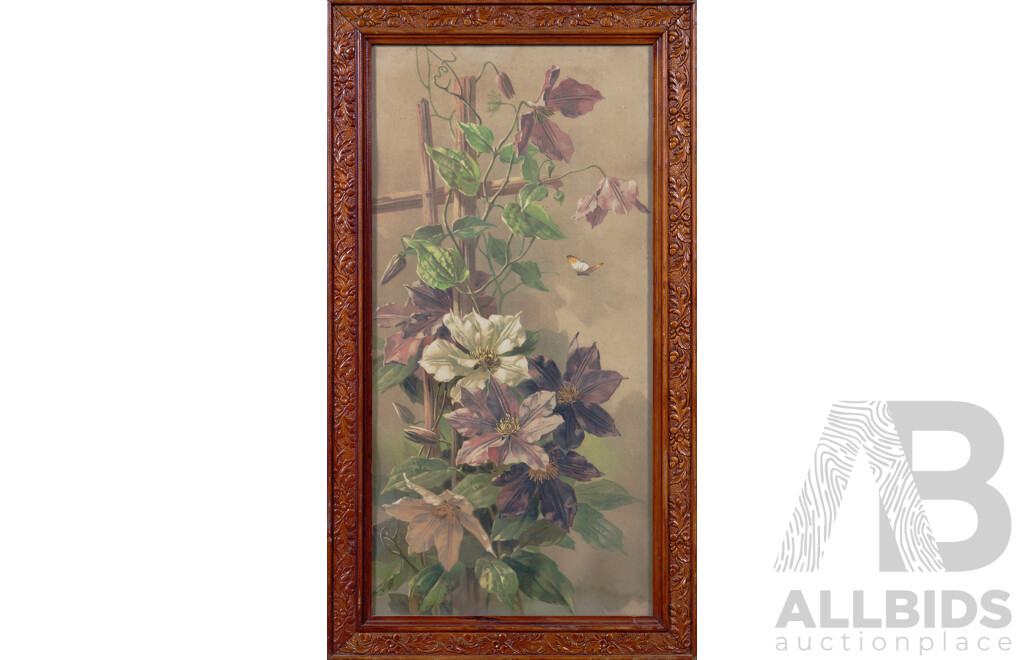 Artist Unknown, Flowers and a Butterfly, Vintage Colour Print, 60 x 29 cm (image)