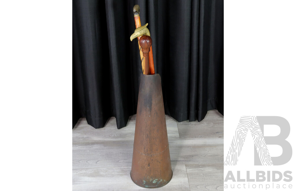 Vintage Brass Coal Funnel with Collection of Walking Sticks