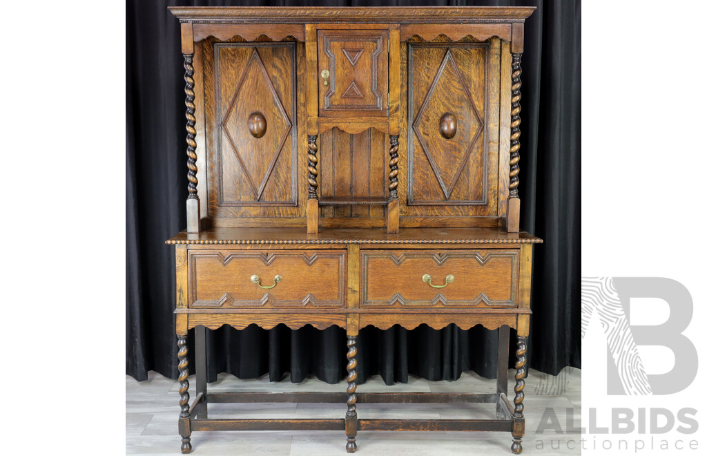 Victorian Oak Kitchen Buffet and Hutch