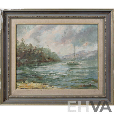 Beryl Erskine (20th Century, Australian), Burraneer Point, High Tide, and Solitary Sailboat on a Grey Morning, Pair of Vintage Oil on Canvas Boards, 58 x 68 cm (largest Frame) (2)