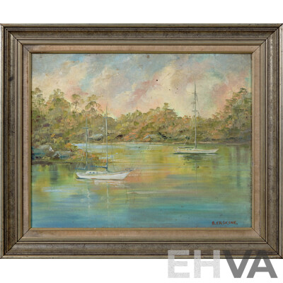Beryl Erskine (20th Century, Australian), Burraneer Point, High Tide, and Solitary Sailboat on a Grey Morning, Pair of Vintage Oil on Canvas Boards, 58 x 68 cm (largest Frame) (2)