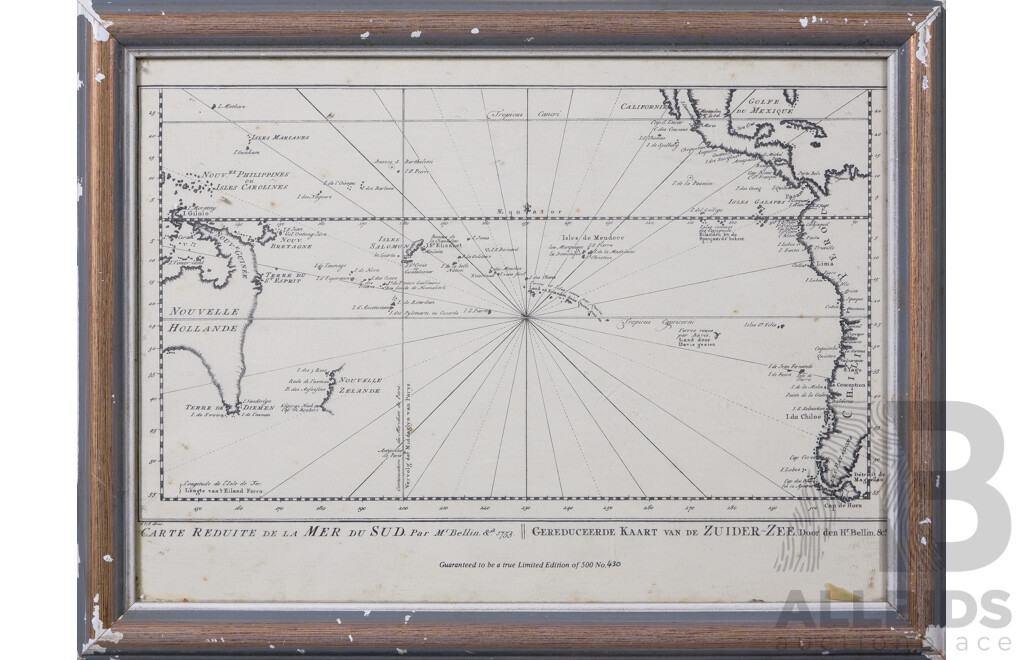 Jacques-Nicolas Bellin (French Mapmaker, 1703-1772), Carte Reduite De La Mer Du Sud, 1753 Map of the South Sea Showing Australia [Nouvelle Hollande], Limited Edition 430 of 500, 35 x 46 cm (frame)