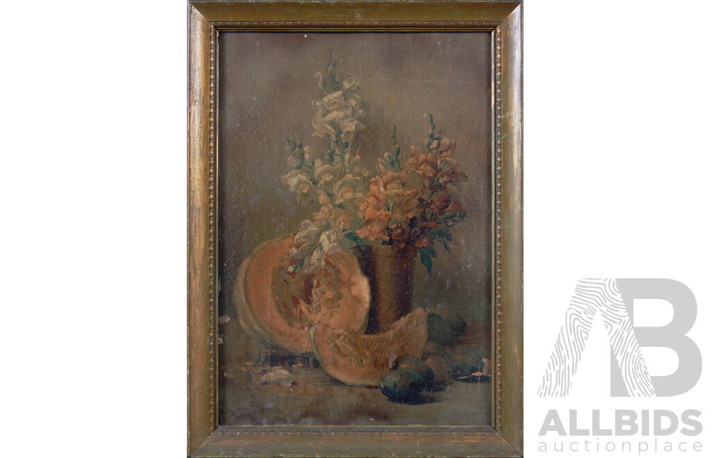 Clara Von Sivers, (German, 1854 - 1924), Still Life Flowers with Pumpkin, Reproduction Colour Copy of Original Oil on Canvas in Vintage 57 x 42 cm Frame