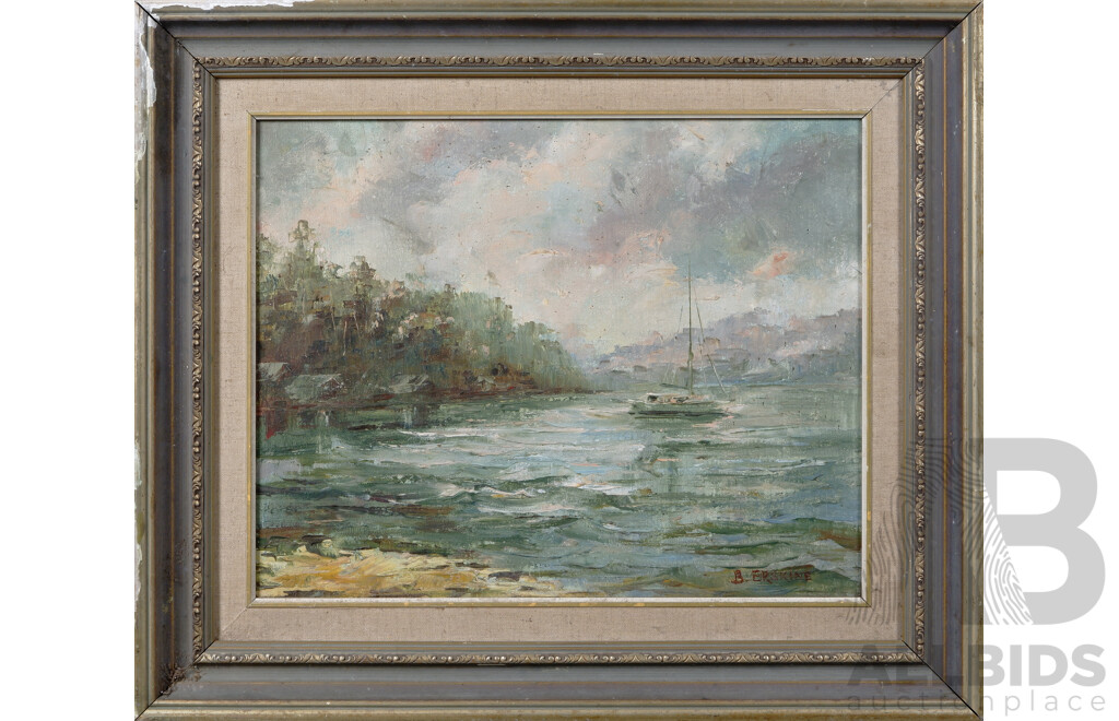 Beryl Erskine (20th Century, Australian), Burraneer Point, High Tide, and Solitary Sailboat on a Grey Morning, Pair of Vintage Oil on Canvas Boards, 58 x 68 cm (largest Frame) (2)