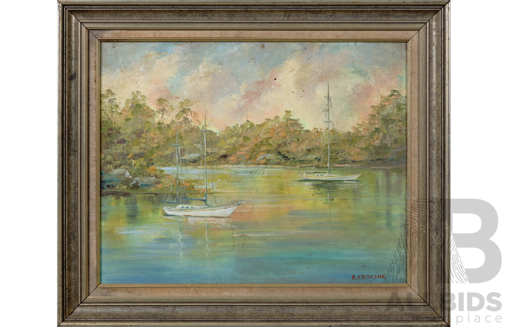 Beryl Erskine (20th Century, Australian), Burraneer Point, High Tide, and Solitary Sailboat on a Grey Morning, Pair of Vintage Oil on Canvas Boards, 58 x 68 cm (largest Frame) (2)