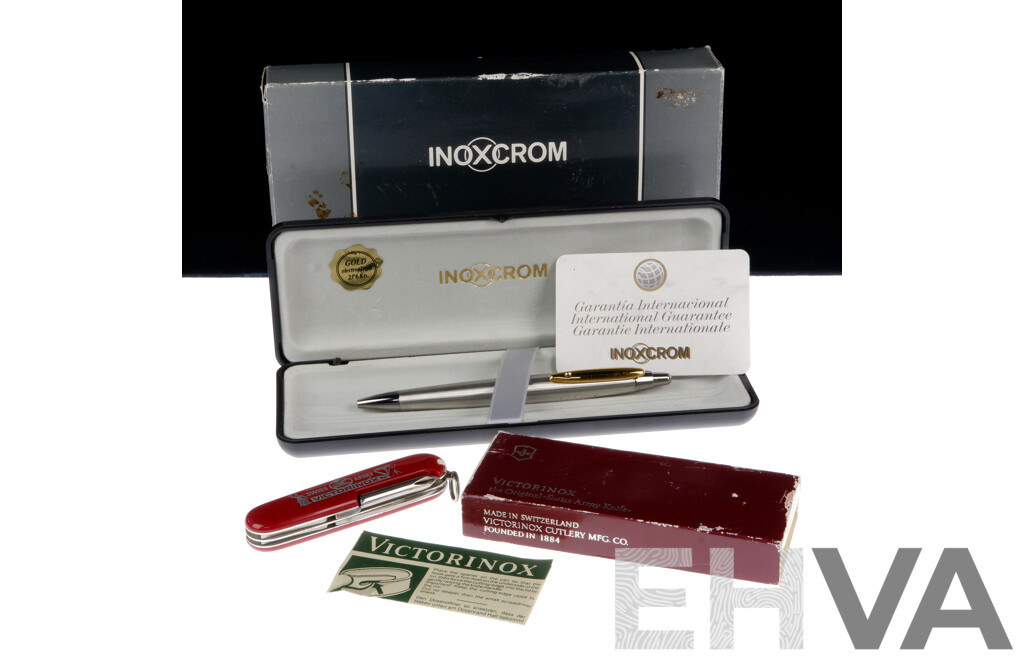 Inoxcrom Executive Ballpoint Pen with Gold Plated Clip and Boxed Victorinox Swiss Army Knife